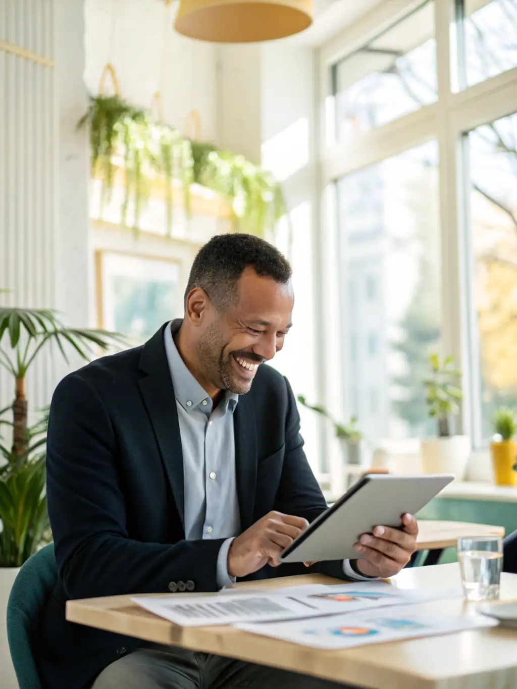 A professional small business owner happily reviewing analytics on a tablet, showcasing improved efficiency with AI Agent solutions.