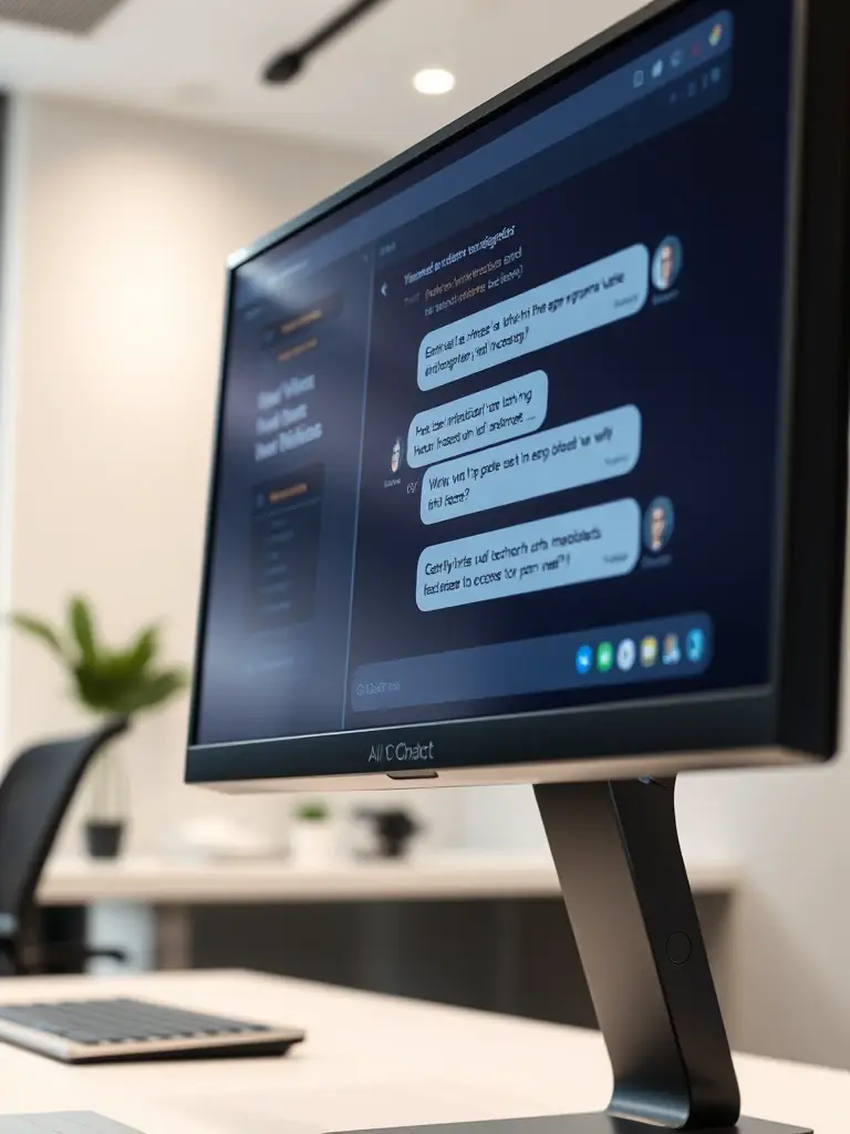 A friendly AI chatbot interface assisting a customer on a small business website, resolving a query efficiently.