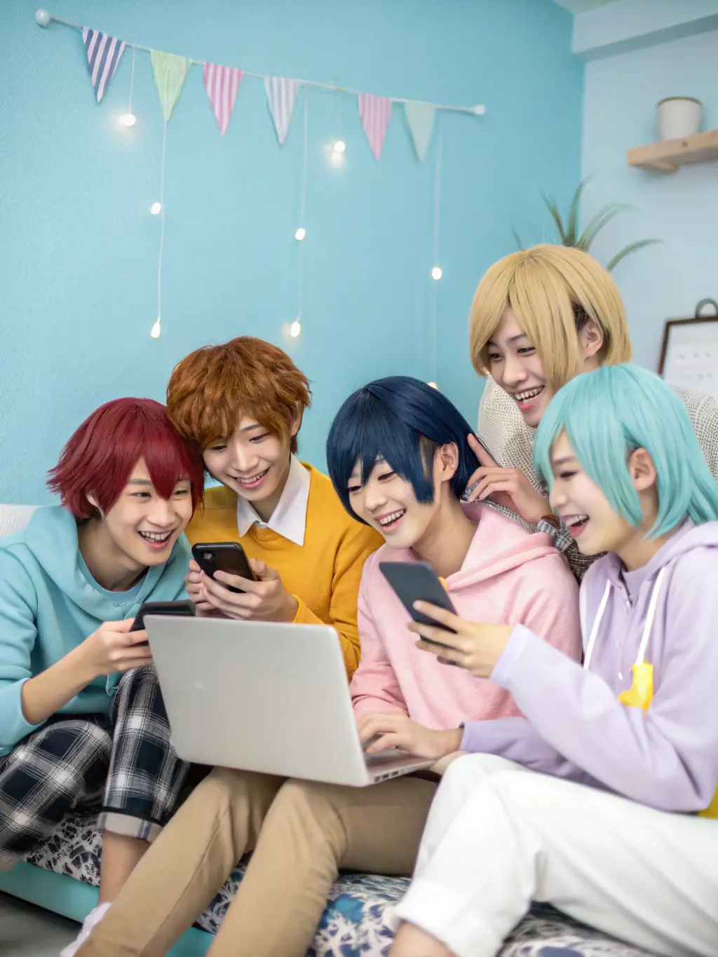 A diverse group of customers happily interacting with a chatbot on a website, representing enhanced customer engagement.