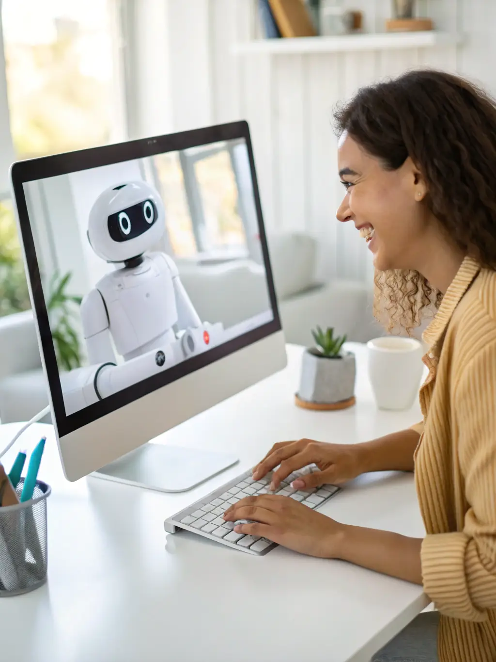 A friendly AI chatbot interface assisting a customer on a small business website, resolving their query efficiently.